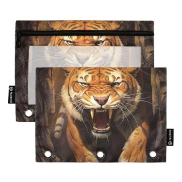 Imagem de Estojo de lápis com pintura de tigre irritado com 3 anéis, estojo de lápis com zíper, estojo para canetas, estudantes, fichários transparentes, rosa escolar, 25 x 18 cm, 2 pacotes