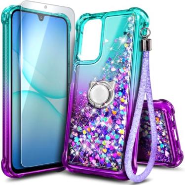 Imagem de WDHD Capa de telefone compatível com Samsung Galaxy A26-5G Aqua/Roxo | Brilhante Glitter Flutuante Cachoeira Líquida Linda Capa para Mulheres Meninas Crianças com Suporte de Anel Cordão de Pulso