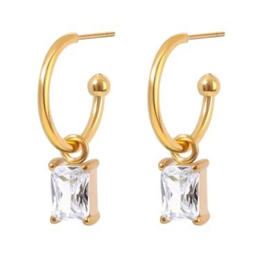 Imagem de TaYolnFaSo Brincos femininos com cristais artificiais de zircônia cúbica de corte esmeralda, brincos de pedra preciosa retangular, joia de presente de aniversário para namorada e esposa, Aço