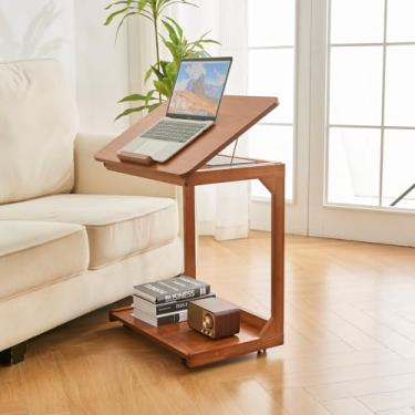 Imagem de MYOTA Mesa lateral, sala de estar, mesa de canto lateral de madeira com rodas, mesa de cabeceira pequena de madeira, bandeja de TV em forma de C, mesas de canto modernas para sofá, escritório, quarto