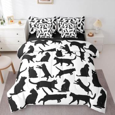 Imagem de Erosebridal Conjunto de edredom solteiro engraçado de gato preto com lençol para amantes de gatos | Conjunto de cama de 7 peças com desenho animado de gatos pretos fofos em uma bolsa, conjunto de