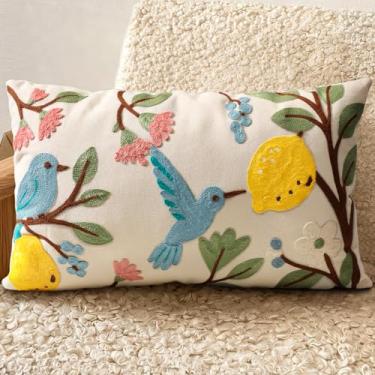 Imagem de Kokaaee Capas de almofada lombar bordadas 50 x 30 cm - Capa de almofada decorativa boho de verão com zíper para sala de estar, sofá, cama, design estético, pássaro, limão, fronha de almofada