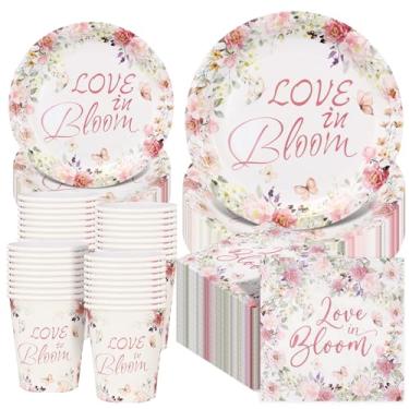 Imagem de 250 peças de pratos de papel floral e guardanapos suprimentos de festa - Serve 50 - Pratos de flores "Love in Bloom" Copos descartáveis para decoração de noivado de chá de panela