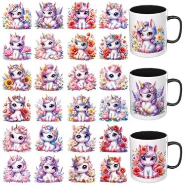 Imagem de Dorsbaby Adesivos UV DTF - 24 folhas coloridas DTF Cup Wrap para canecas de café de vidro (sublimação floral de unicórnio fofo)