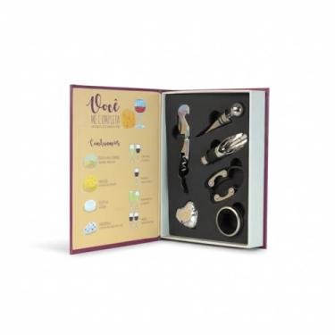 Imagem de Kit Vinho Premium "Você Me Completa" com 5 Peças em Aço Inoxidável, Estojo Decorativo MDF Formato Livro, Saca-Rolhas e Acessórios