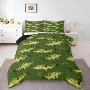 Imagem de Erosebridal Conjunto de edredom solteiro de peixe robalo, pesca de robalo, anzol, edredom para crianças e adultos, pescador, edredom de vida marinha