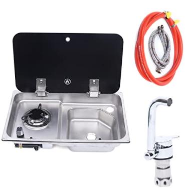 Imagem de Combinação de pia de fogão a gás RV com torneira e tampa, fogão a gás de pia de campista 2 queimadores GLP Cooktop barco caravana Fogão de acampamento inoxidável Pia de cozinha externa RV Fogão de pia