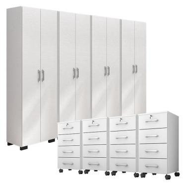 Imagem de Kit 4 Gaveteiros Para Escritório Gávea Com Chave E 4 Livreiros Office Portas Grandes Branco Fosco - Móveis Leão