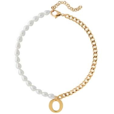 Imagem de Wellike Colar de corrente de meia pérola, meia Cuba, com iniciais, aço inoxidável, PVD, pingente de ouro 18K, gargantilha grossa de ouro com caixa de presente, Standard, Pérola, Pérola de vidro