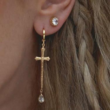 Imagem de 2 peças de brincos vintage com pingente de gota estilo gótico de cruz para mulheres, adequados para festas, encontros e uso diário.
