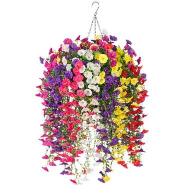 Imagem de INXUGAO Flores artificiais com cesta suspensa, plantas artificiais ao ar livre, videiras de seda de glória da manhã, arranjo verde falso para jardim, pátio, primavera, verão, decoração (cor mista)