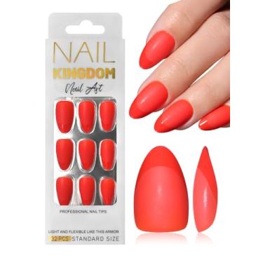 Imagem de 32 peças de unhas curtas de amêndoa, prensa de ponta francesa vermelha nas unhas com abas adesivas 16 tamanhos para mulheres e meninas