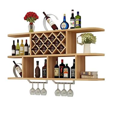 Imagem de pcagfaajmh Rack de vinho montado na parede, prateleira de vinho vintage industrial, rack de vinho de madeira maciça com suporte para copos, prateleira de exibição de armazenamento multiuso para
