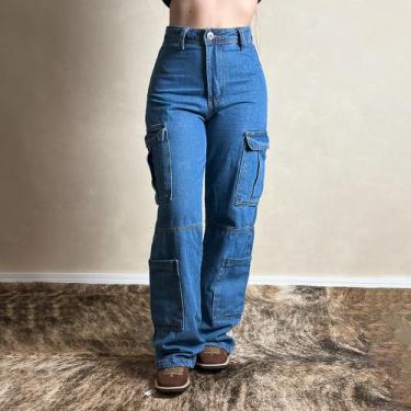 Imagem de Calça Jeans Feminina Wide Leg Cargo Vibe Bolsos Laterais, 42