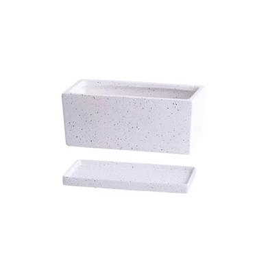 Imagem de KEG801302 Vaso de flores retangular de cerâmica com bandeja, escandinavo, simples, suculenta, verde, escritório, perfurado, pequeno vaso (branco com bandeja, grande)