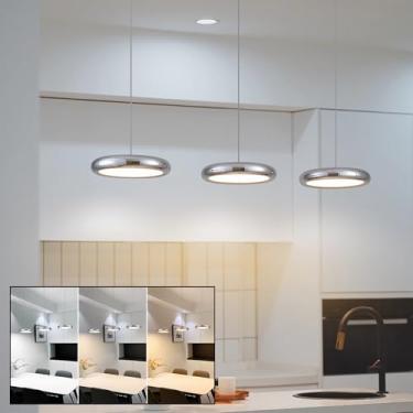 Imagem de Luminária pendente LED moderna redonda para ilha de cozinha, sala de jantar, sala de estar, mesa de jantar, escritório, bar, altura ajustável, lustre com controle remoto e regulagem de inten