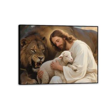 Imagem de Jesus leão e cordeiro arte de parede de cordeiro religioso decoração de parede Jesus Cristo impressão de pôster para sala de estar igreja sala de oração decoração de casa 50 x 40 cm (20 x 16 polegadas