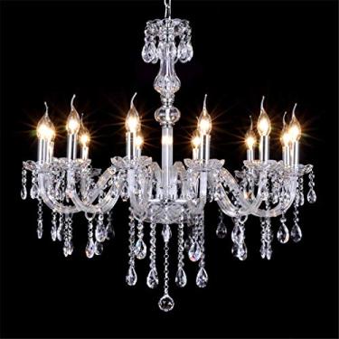 Imagem de Lustre de cristal K9 com iluminação LED, 60 cm de diâmetro, 6 braços, 15 prismas de acabamento, lustre de cristal LED para teto, luminária pendente para sala de estar e sala de jantar.