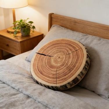 Imagem de SUPTINWEAR Almofada redonda de 35,5 cm - Design realista de madeira impressa em 3D, almofada decorativa de suporte lombar para sofá, cadeira, escritório (1 pacote)