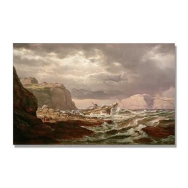 Imagem de NHLDZYH Quadro famoso para salão - réplica de J.C. Dahl - Paisagem romântica nórdica em tela - decoração de parede elegante. (Barcos encalhados). 60 x 96 cm. Apenas tela.