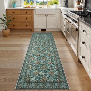 Imagem de Uphome Tapete de cozinha lavável de 5 x 15 cm, antiderrapante, macio e fino para corredor, entrada, quarto, lavanderia, tapete floral vintage resistente a manchas, verde/azul-petróleo