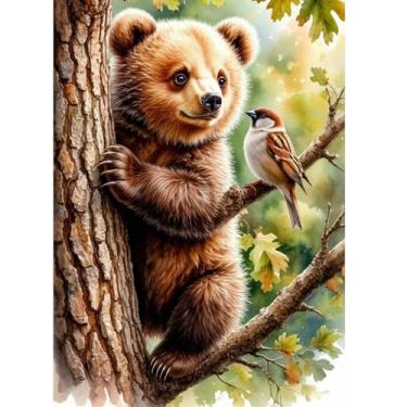 Imagem de ossomo Kits de pintura de diamante para adultos, kits de arte de urso bebê e pardal de broca completa DIY 5D fotos de pontos de diamante perfeitos para relaxamento e decoração de parede de casa 30 x