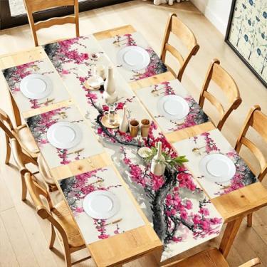 Imagem de Conjunto de 6 corredores de mesa florais em flor de cerejeira e jogo americano de 33 x 182 cm com jogo americano de 30 x 45 cm, conjunto de mesa de jantar elegante para decoração de primavera, casa de