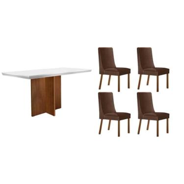 Imagem de Mesa Cozinha Berlim c/ Tampo Madeirado c/ Vidro Canto Curvo 120x80cm e 4 Cadeiras Dakota Madeira Maciça Naturale/Off White - Capuccino/Suede Marrom-Ru