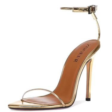 Imagem de ZOGEER Sandálias femininas de salto alto stiletto 12 cm sexy bico aberto preto vermelho salto festa de casamento noite baile dança sapatos elegantes, Dourado, 38