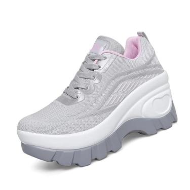 Imagem de Tênis feminino com plataforma grossa confortável ortopédico de cunha para caminhada, tênis moderno, de malha, respirável, com cadarço, sola saliente, casual, antiderrapante, Bege, 36