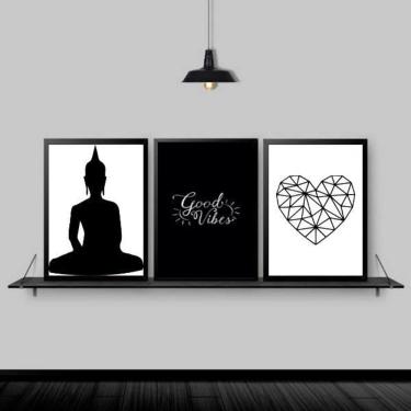 Imagem de Kit 3 Quadros Zen Buda Good Vibes 45X34Cm Moldura Preta