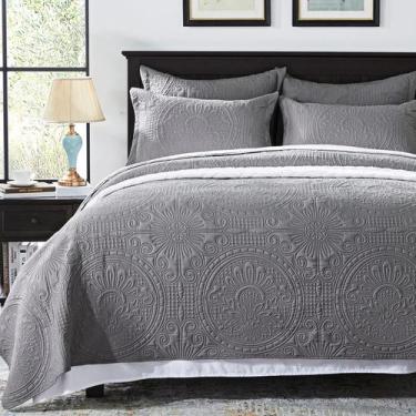 Imagem de Conjunto de cama Anluoer Quilt Queen Size, cinza, em microfibra em rel