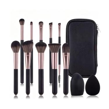 Imagem de Conjunto de 10 pincéis de maquiagem ouro preto com bolsa de escova e ovo de limpeza, kit completo de limpeza e armazenamento