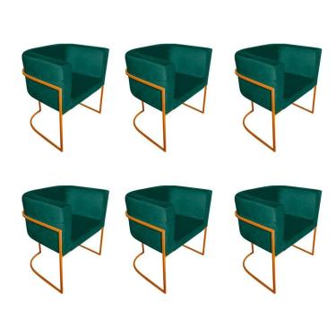 Imagem de Kit 6 Poltronas Decorativa Sala De Estar Base De Ferro Cobre Veludo Verde
