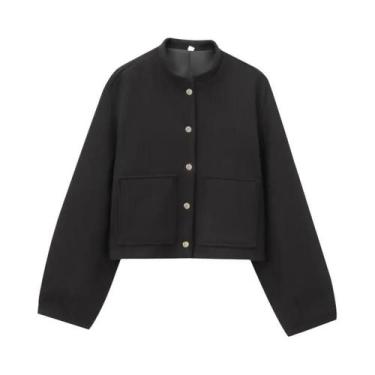 Imagem de Jaqueta Bomber Feminina Solta Com Corte 3D, Manga Longa E Bolsos Aplic