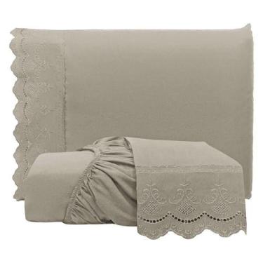 Imagem de Lençol Queen Bordado 300 Fios Toque De Algodão Fendi 3 Pcs - Dona Zeze