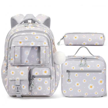 Imagem de Mochila escolar Fimibuke cinza com estampa de margaridas 3 em 1, lancheira térmica e estojo