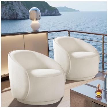 Imagem de Cadeiras giratórias Arcrinte kit com 2 poltronas tipo barrel em tecido peluciado branco, assento giratório 360°