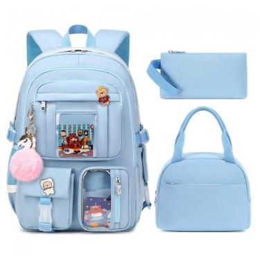 Imagem de Mochila 3 em 1 azul para notebook até 16", com lancheira e estojo, estilo kawaii