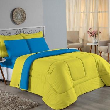 Imagem de Kit Edredom Dupla Face + Jogo De Lençol Casal Nobre 6 Peças Malha 100% Algodão - Amarelo / Turquesa