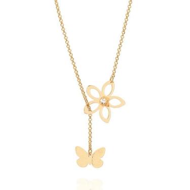 Imagem de Gargantilha Com Flor E Borboleta Folheada Rommanel 531162 Cor:Dourado,