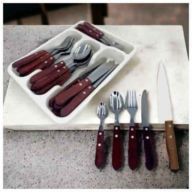 Imagem de Kit Jogo de Talheres com Porta Talher Facas Garfos Colheres Mesa Sobremesa Amadeirado