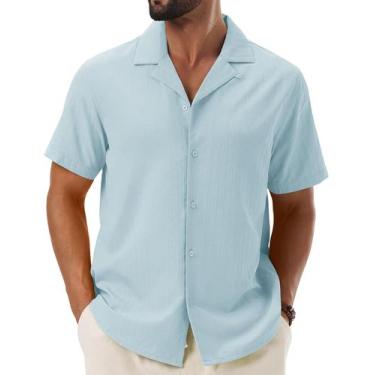 Imagem de Camisa Cotrasen Cuban Untucked de linho de manga curta para homens azu