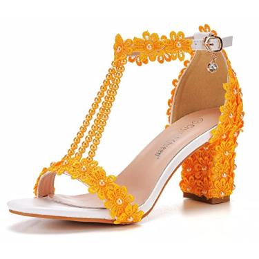 Imagem de CRETUAO Sandálias femininas de salto com miçangas, sexy, bordado, salto quadrado de 7 cm, sandália feminina de verão, sapatos de casamento, Dourado, amarelo, 10