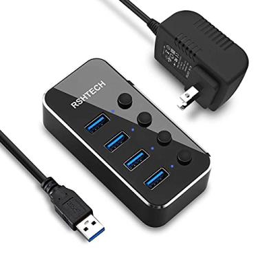 Imagem de Hub USB alimentado, divisor RSHTECH de 4 portas USB 3.0, expansor de hub de dados USB portátil de alumínio com interruptor liga/desliga individual e adaptador CA universal de 5 V, cabo USB 3.0 de 1 m