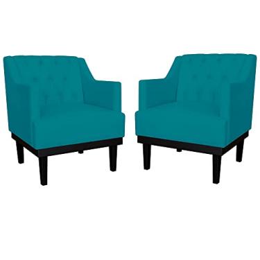 Imagem de Kit 02 Poltronas Decorativas Clássica Com Base Madeira Suede Azul Turquesa - DS Estofados