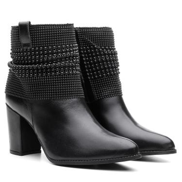 Imagem de Bota Couro Malha Metal Black Lisa Bico Fino Cano Curto Salto