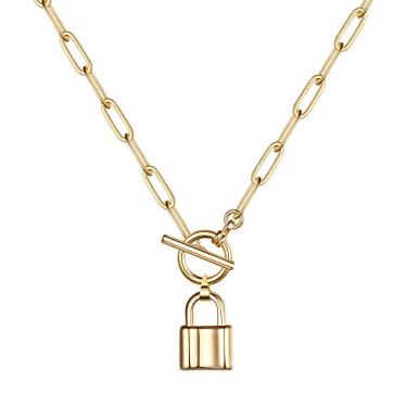 Imagem de Turandoss Colares de ouro para mulheres – Colar vintage banhado a ouro 14 K com medalhão do mal olhado medalhão vintage moeda abelha sol lua colar corrente de ouro em camadas clipe de papel colar para mulheres joias presentes Dourado