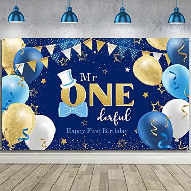 Imagem de Sr. Onederful Faixa de fundo para festa de 1º aniversário para meninos 1º aniversário azul e dourado Faixa borboleta para festa de aniversário para meninos e crianças pequenas, decoração de festa de primeiro aniversário, 1,8 m x 9 m