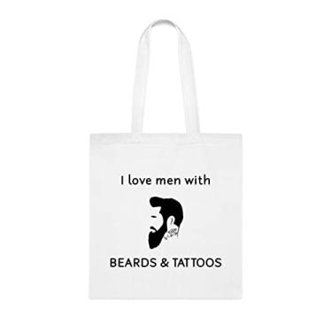 Imagem de Sacola de tatuagens, Sacola de tatuagens I Love Men With Beards, presente de tatuagens, bolsa de ombro de tatuagens, sacolas reutilizáveis de tatuagens, ideia de presente de cesta de Natal de aniversário, Branco